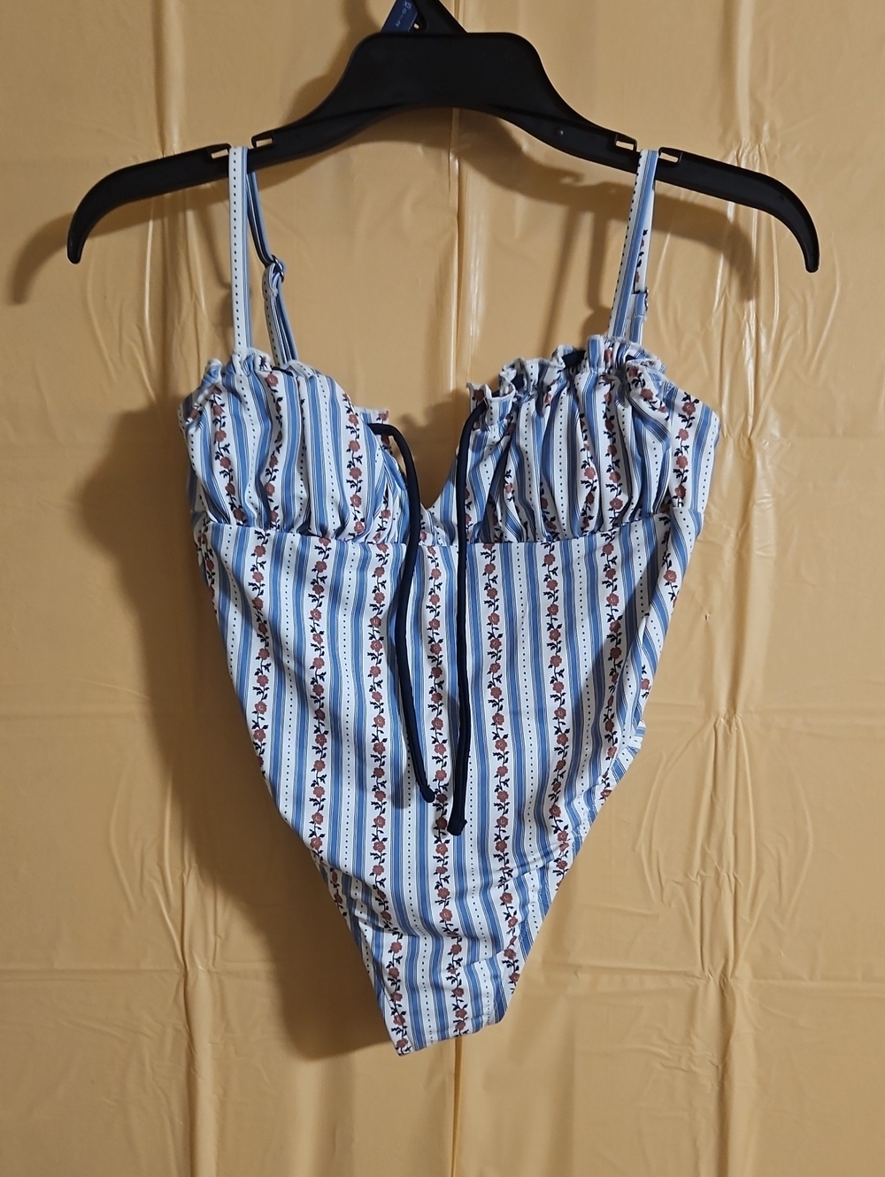 Kacey Lee Tie Neck Scoop Back One Piece Swimsuit: BLUE/STRIPES: NWOT: XS (0-2)